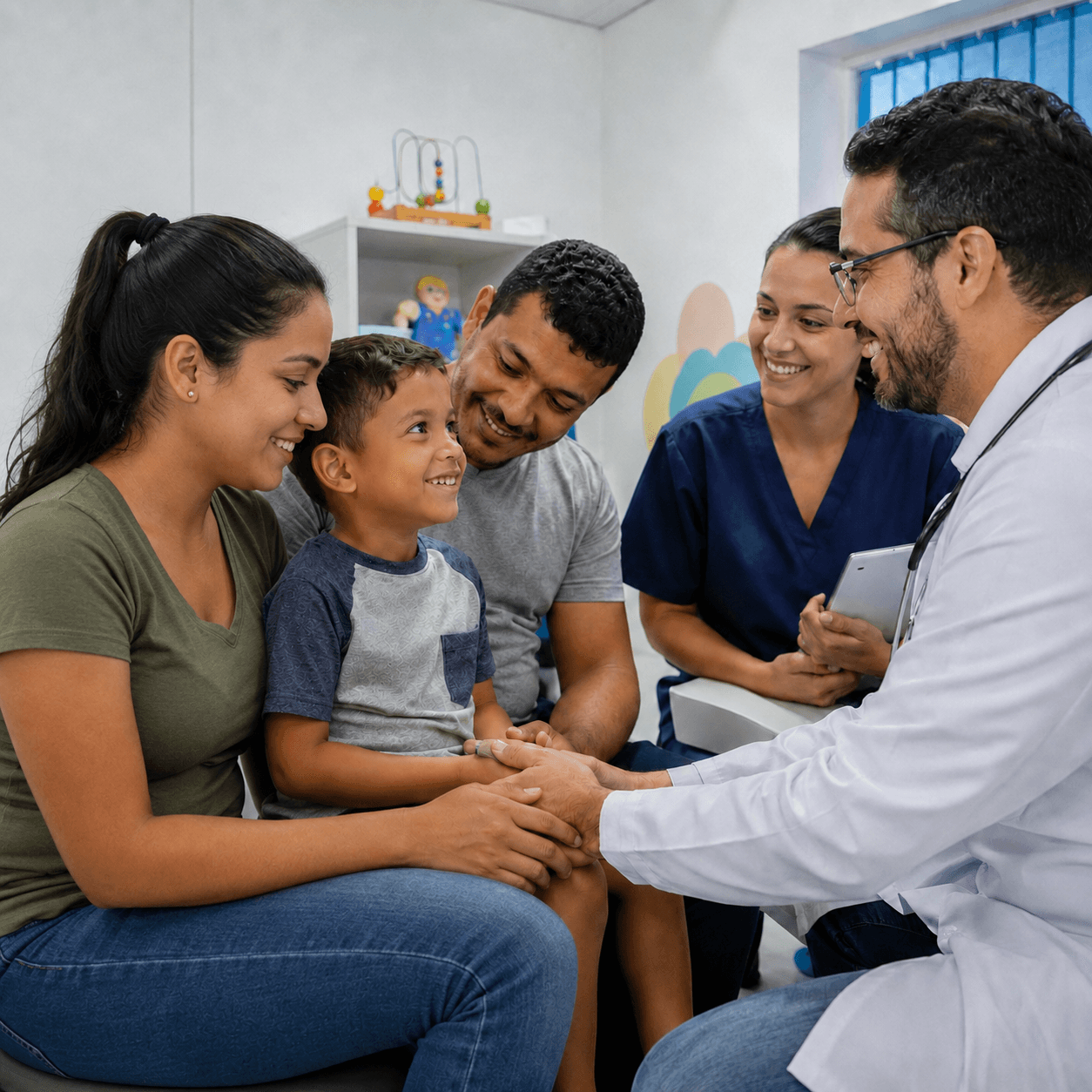 Médico cumprimenta uma família com um menino, equipe de atendimento infantil ao redor sorrindo