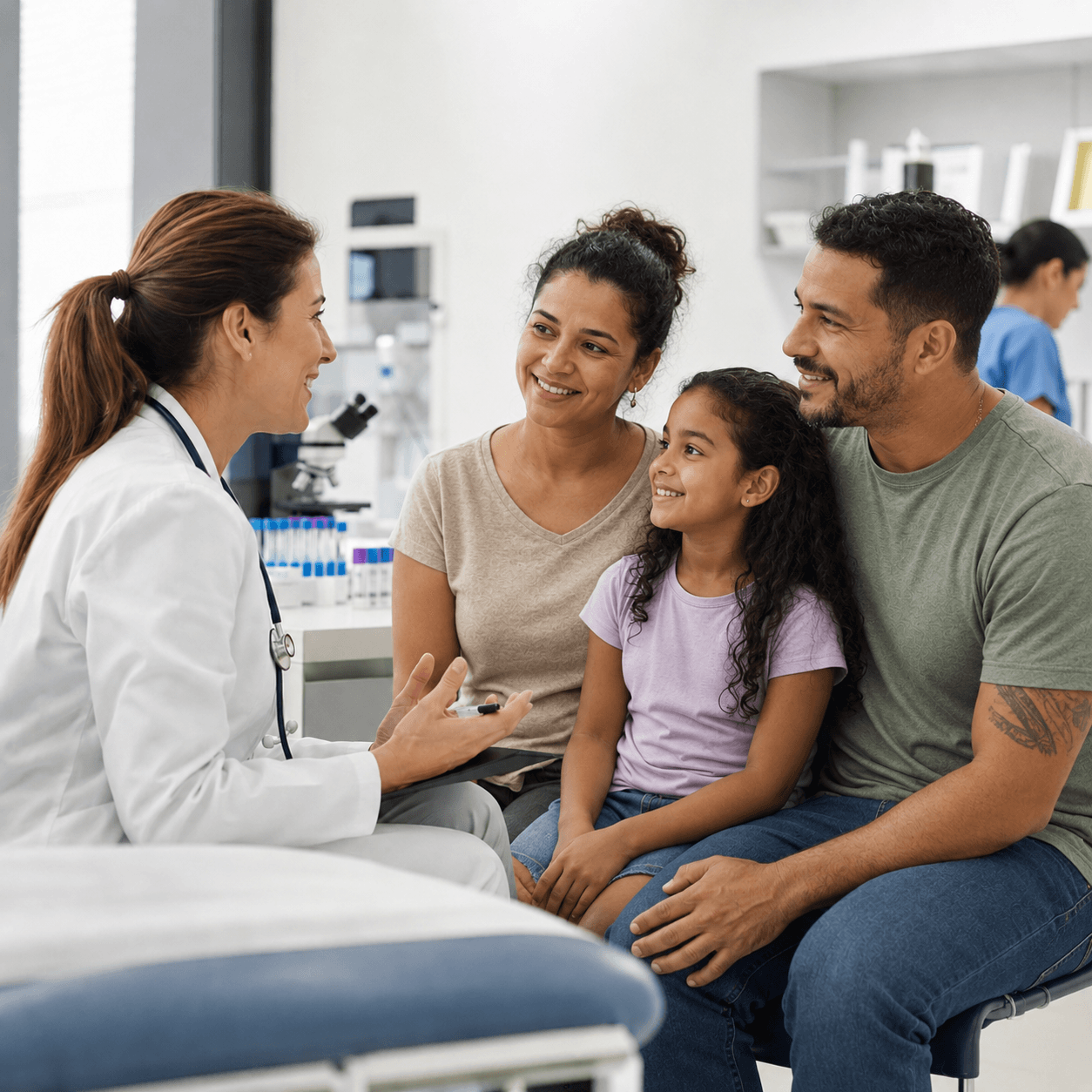 Médica conversando com uma família formada por mãe, pai e filha, todos sorrindo durante a consulta