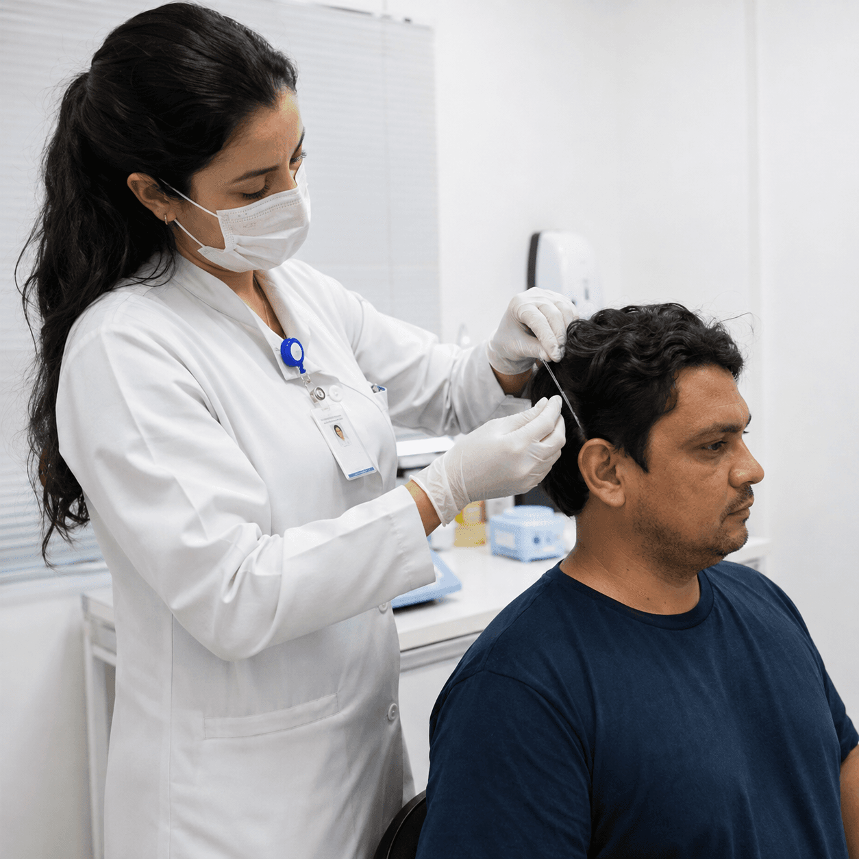 Profissional de saúde coletando amostra de cabelo de um paciente para exame toxicológico